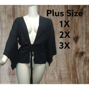 Black Open Cardigan Duster, Cover-up Size 1X-2X-3X front tie Bolero flare